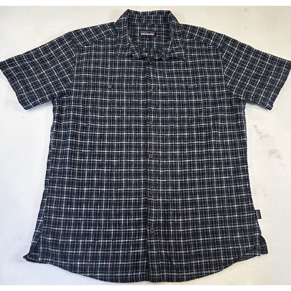 Patagonia Mens Large Blue Plaid Back Step Short Sleeve Button Up Camp Shirt
